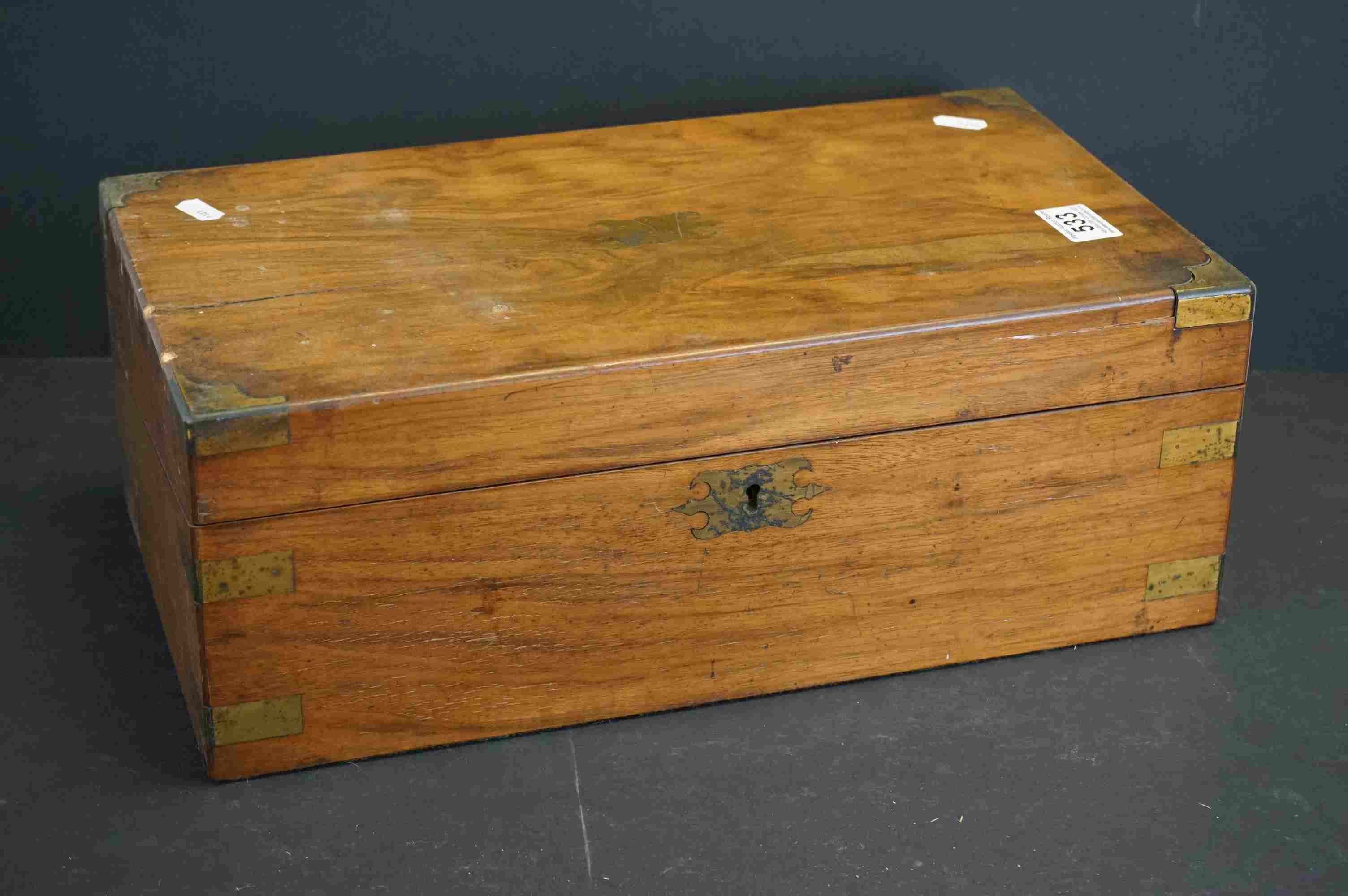 19th century Walnut Writing Slope with brass banding and fitted interior to include glass inkwells. - Image 6 of 8