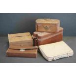 Two leather jewel cases, a 1940's handbag and three leather travelling cases (A/F).