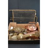 A collection of mixed brass and copper ware to include Copper Snakeskin effect Jug ,fire screen,