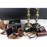 Mixed Lot including Pair of Brass Candlesticks, Hardwood Cased Brass Sundial and Compaass, Russian