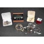 A collection of mainly sterling silver jewellery to include cuff bangles, Charles Horner hat pin,
