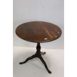 Georgian Mahogany Circular Top Table raised on a column support with three splay legs, 80cms