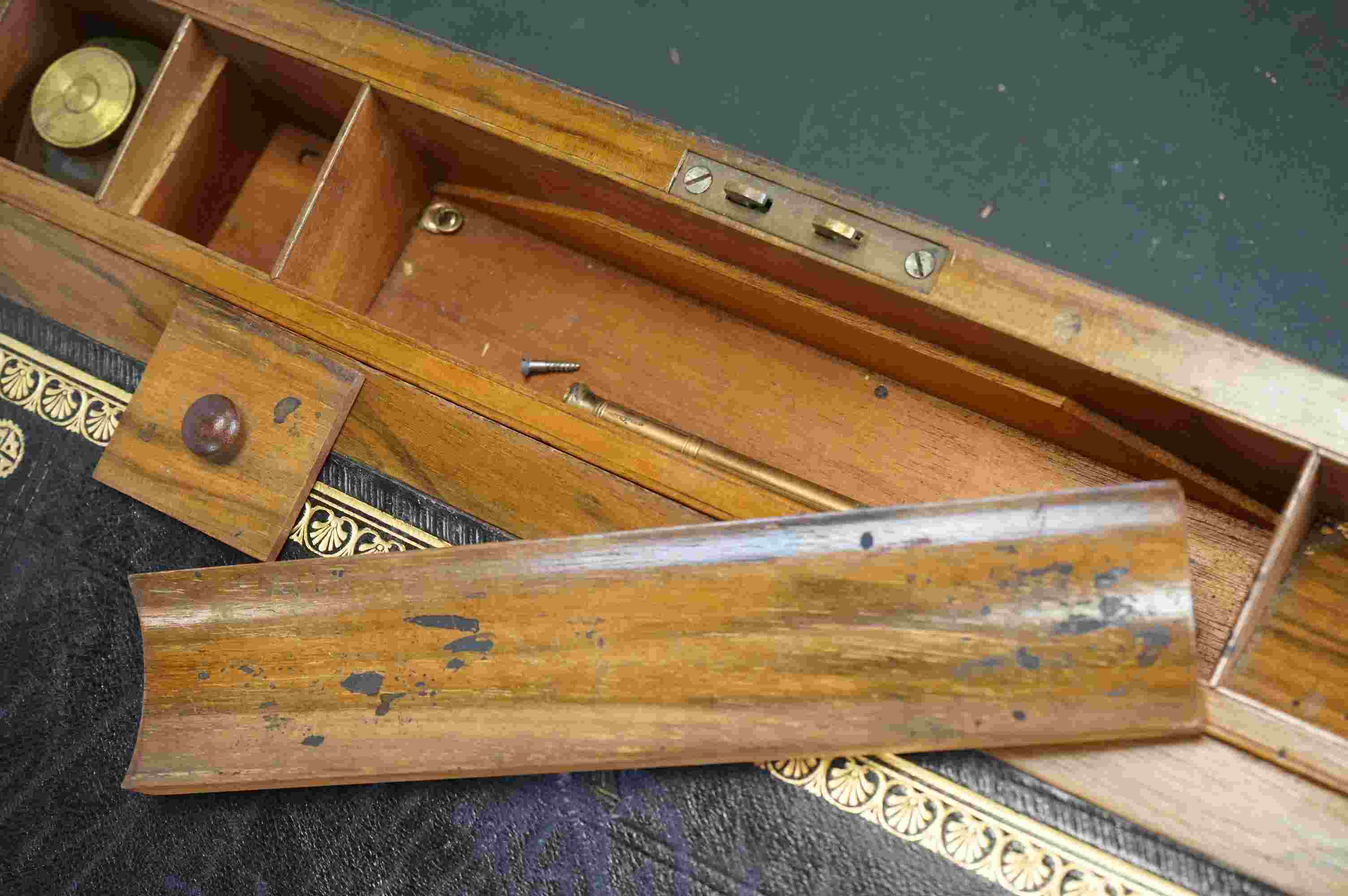 19th century Walnut Writing Slope with brass banding and fitted interior to include glass inkwells. - Image 3 of 8