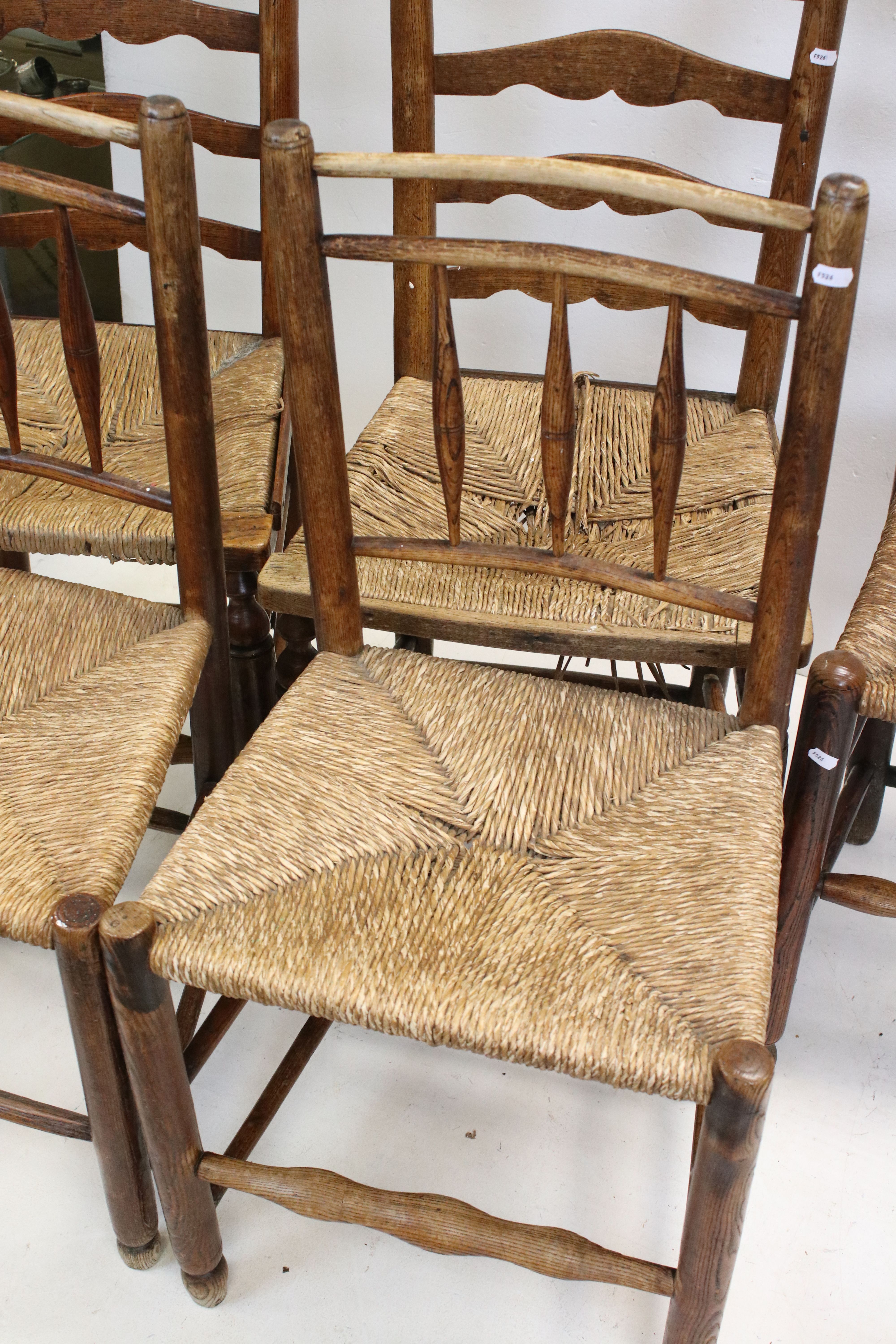 Three Pairs of Oak Ladder Back Chairs with Rush Seats together with one other similar chair - Image 5 of 7