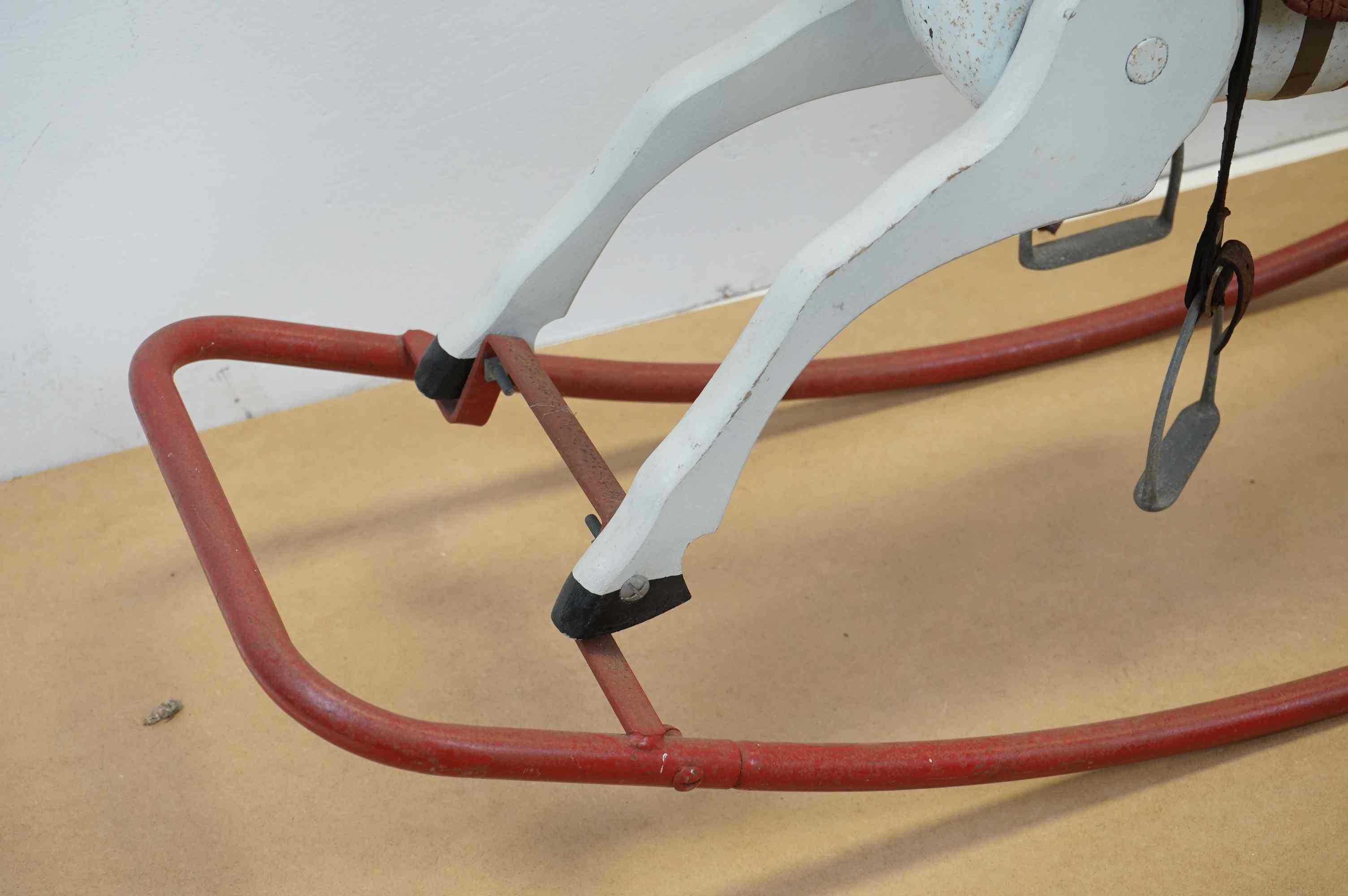 A vintage white rocking horse on red metal runners. - Image 3 of 4