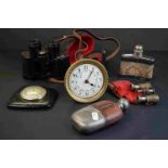 A box of mixed collectables to include binoculars, Liberty hip flask, opera glasses, clock