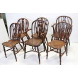 Six 19th century Elm Seated Wheelback Windsor Chairs including Two Carvers