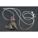 Silver poodle dog set with marcasites and ruby eyes