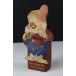 Scratch made Wooden Moneybox with an applied cut-out of Snow White's Dwarf ' Happy ', 20cms high