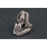 Unusual silver and CZ snake ring, with ruby eyes