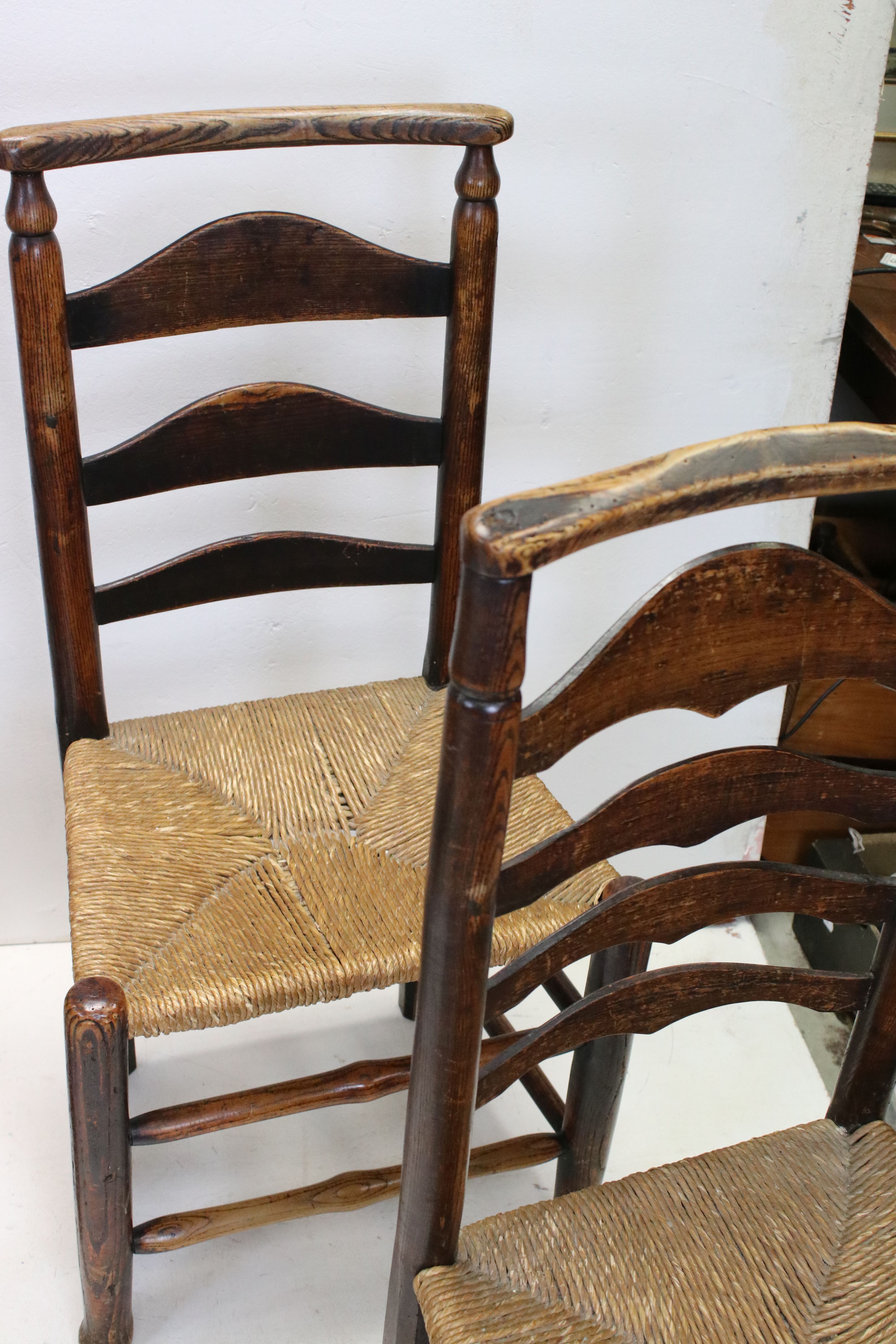 Three Pairs of Oak Ladder Back Chairs with Rush Seats together with one other similar chair - Image 4 of 7