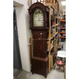 19th century Mahogany 8 day Longcase Clock, the arched painted face with Roman numerals, seconds