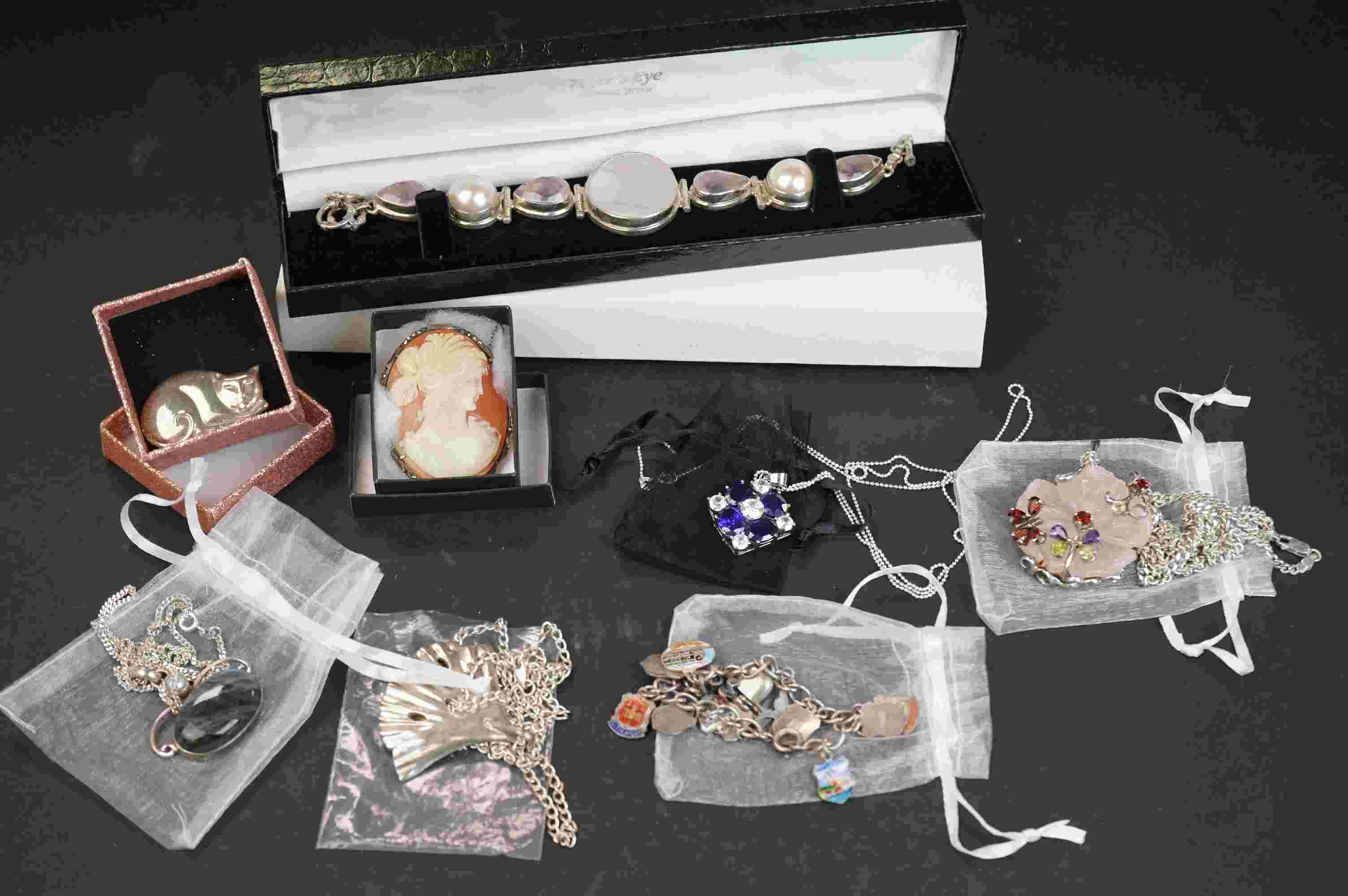 A small collection of mainly sterling silver costume jewellery to include necklaces and bracelets.