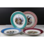 Set of four antique Davis Collamore of New York plates with bird decoration, approx. 9" diameter