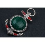 Silver pendant-brooch of anchor form, set with malachite and agate