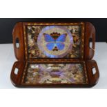 Pair of South American Hardwood Inlaid Butterfly Serving Trays, 43cms long