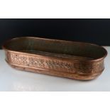 Large Antique Copper Planter with oval ends and etched pattern to sides, 60cms long