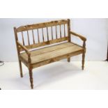 19th century style Pine Hall Bench with turned spindle back , 116cms long x 97cms high x 55cms deep