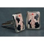Pair of silver and enamel panelled cufflinks depicting a nude lady