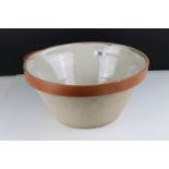 Late 19th / Early 20th century Stoneware Dairy Bowl with Salt Glazed Rim and Pouring Lip, 35cms