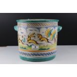 Tin Glazed Pottery Majolica Jardiniere decorated with hunting scenes, 24cms high