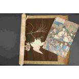 A vintage Japanese silk embroidered scroll of Crane's and Lily's together with a Japanese print.