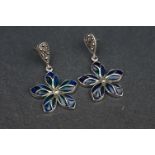 Pair of silver and plique-a-jour flower shaped earrings