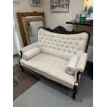 Late Victorian Salon Settee with carved shaped frame, the cream upholstery with a floral pattern ,