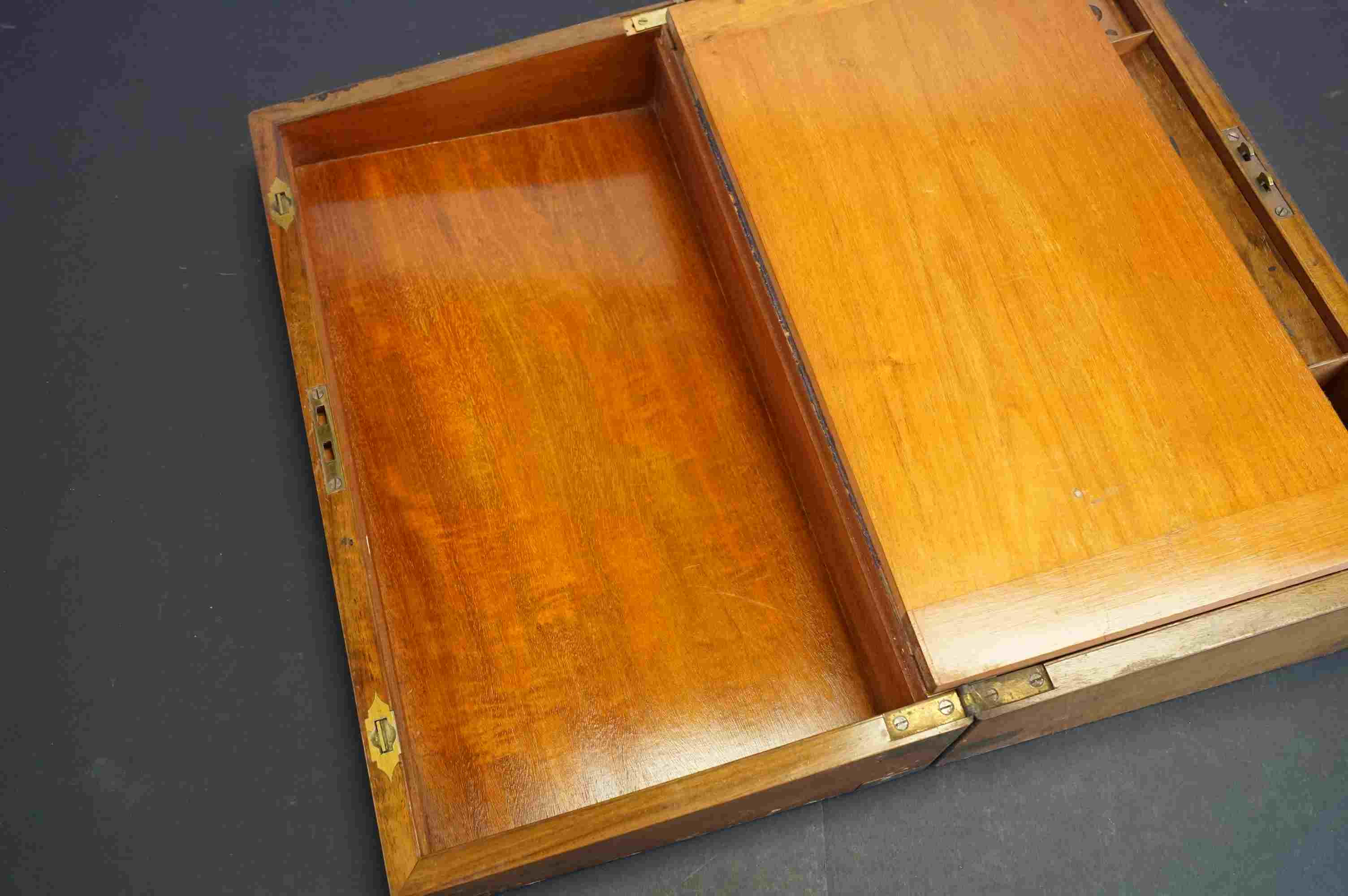 19th century Walnut Writing Slope with brass banding and fitted interior to include glass inkwells. - Image 4 of 8