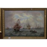 Large Oil on Canvas depicting 19th century Rowing Boat with Figures going out to Sailing Ships,