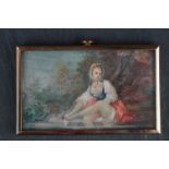 A hand painted framed and glazed miniature portrait of a lady on the riverside.