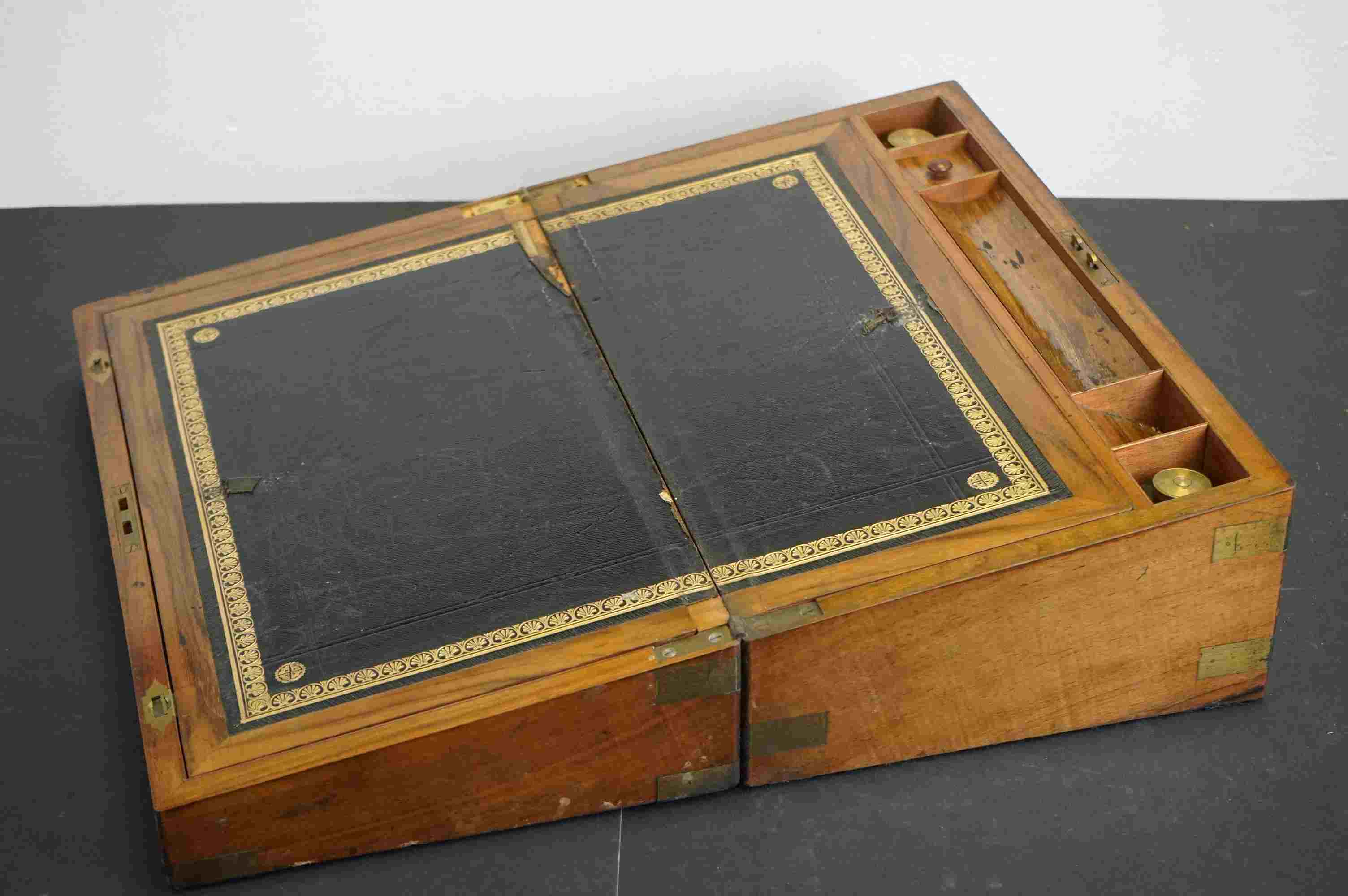 19th century Walnut Writing Slope with brass banding and fitted interior to include glass inkwells.