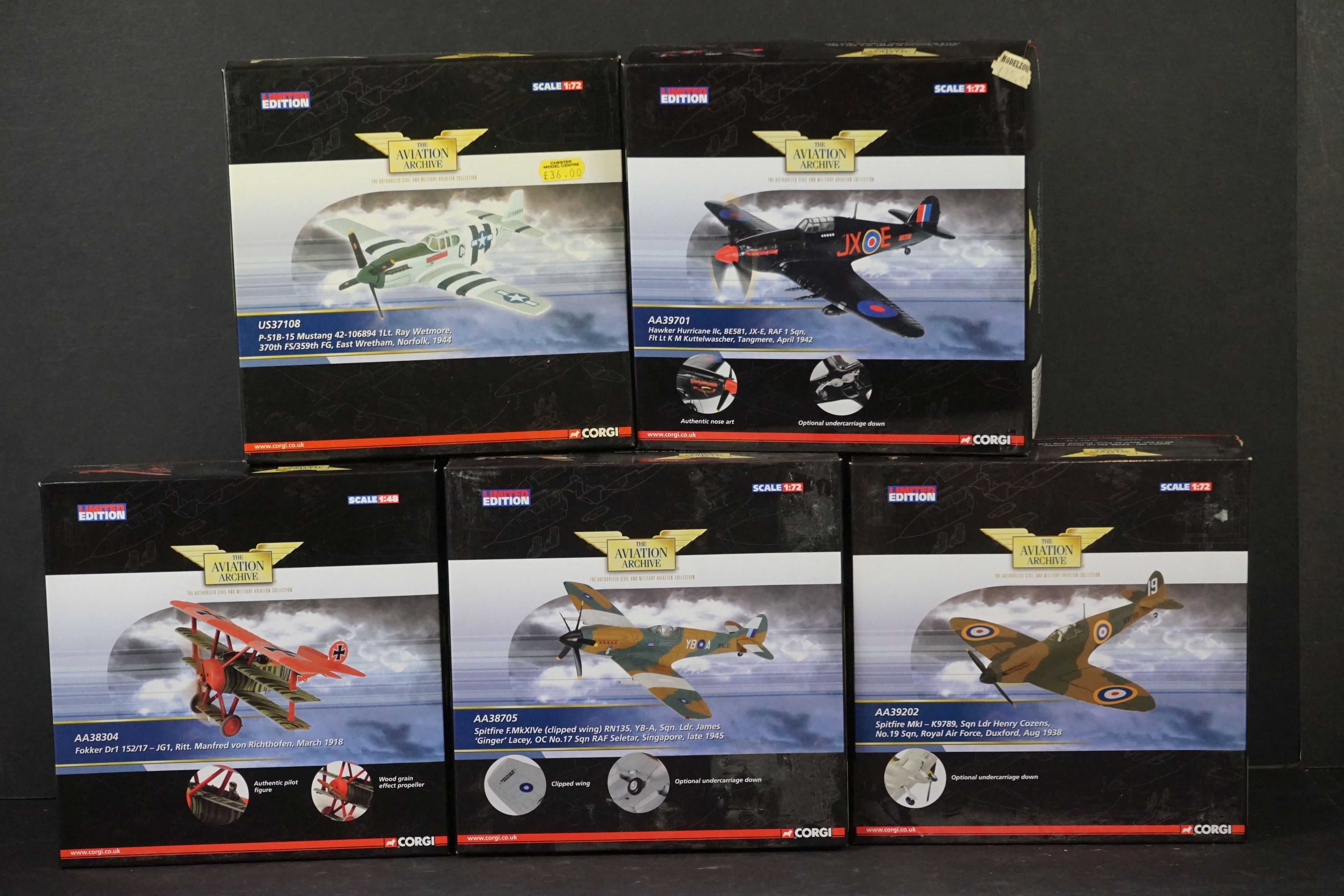 Ten Boxed Corgi Aviation Archive ltd edn diecast models to include 1/72 AA38705 Spitfire F.MkXIVe (