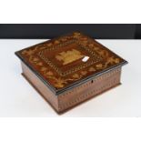 19th century Irish Killarney Yew Marquetry Inlaid Square Box, the hinged lid inlaid with a ruined
