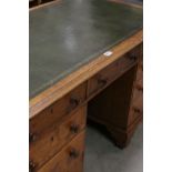 Victorian Oak Twin Pedestal Desk with green leather inset writing surface, one side with an