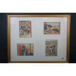 Set of four antique Japanese woodblock crowd scenes, some signed, in a single gilt frame