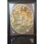 18th / 19th century Oval Sampler depicting Great Britain by Mary Ann Walland, 61cms x 48cms,