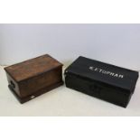 19th century Stained Pine Tool Box, 63cms long x 32cms high together with a Black Metal Trunk