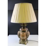 Continental Pottery Cream and Turquoise Glazed Table Lamp with Brass Mounts, 32cms high with shade