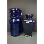 Heavy blue glass stick stand & a large blue glass vase