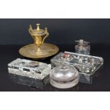 Inkwells - a Stanbrook brass standish, a glass double inkwell with silver top (Birmingham 1924) &