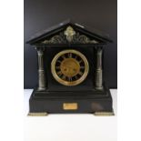 Victorian Slate Mantle Clock of architectural form with brass Corinthian column supports, the