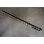The Riley Snooker cue by E.J.Rileys of Accrington contained within metal club cue holder.
