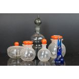 A collection of mixed glass ware to include a mid century dressing table set with white stripe and