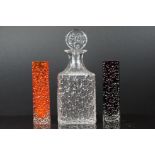 Whitefriars - Two Textured Glass Vases in Tangerine and Amethyst, 17cms high together with a Clear