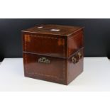 19th century Mahogany Inlaid Bottle Box, the hinged lid opening to a blue felt lining, gilt metal