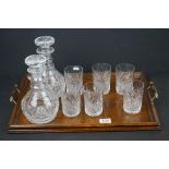 Edwardian oak tray together with two glass decanters and six glasses.