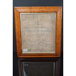 19th century Alphabetical and Numerical Sampler by Jane Cox? and dated 18??, 37cms x 30cms, maple