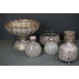 A collection of Indian silver / white metal bowls, dishes and trinket boxes together with two cut