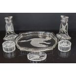 A Czechoslovakian Leroc glass dressing table set with bird decoration.